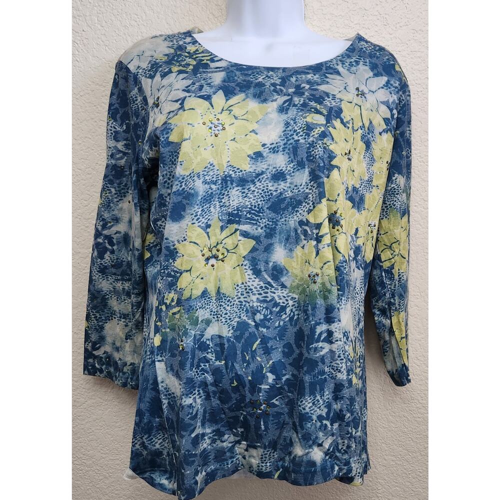 Multiples Blue Yellow Floral Print Rhinestones Top Medium Lightweight Soft Lined